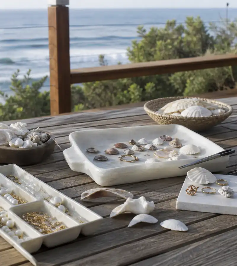 Jewelry workspace table with shells and natural materials overlooking the ocean