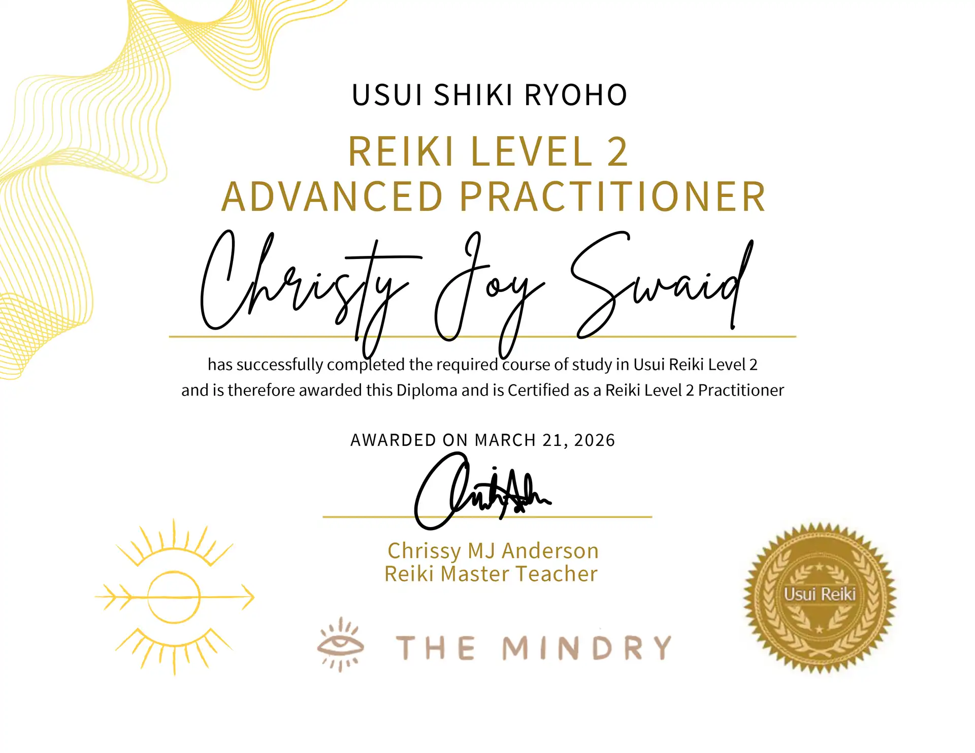 Certificate of achievement for Reiki Level 2