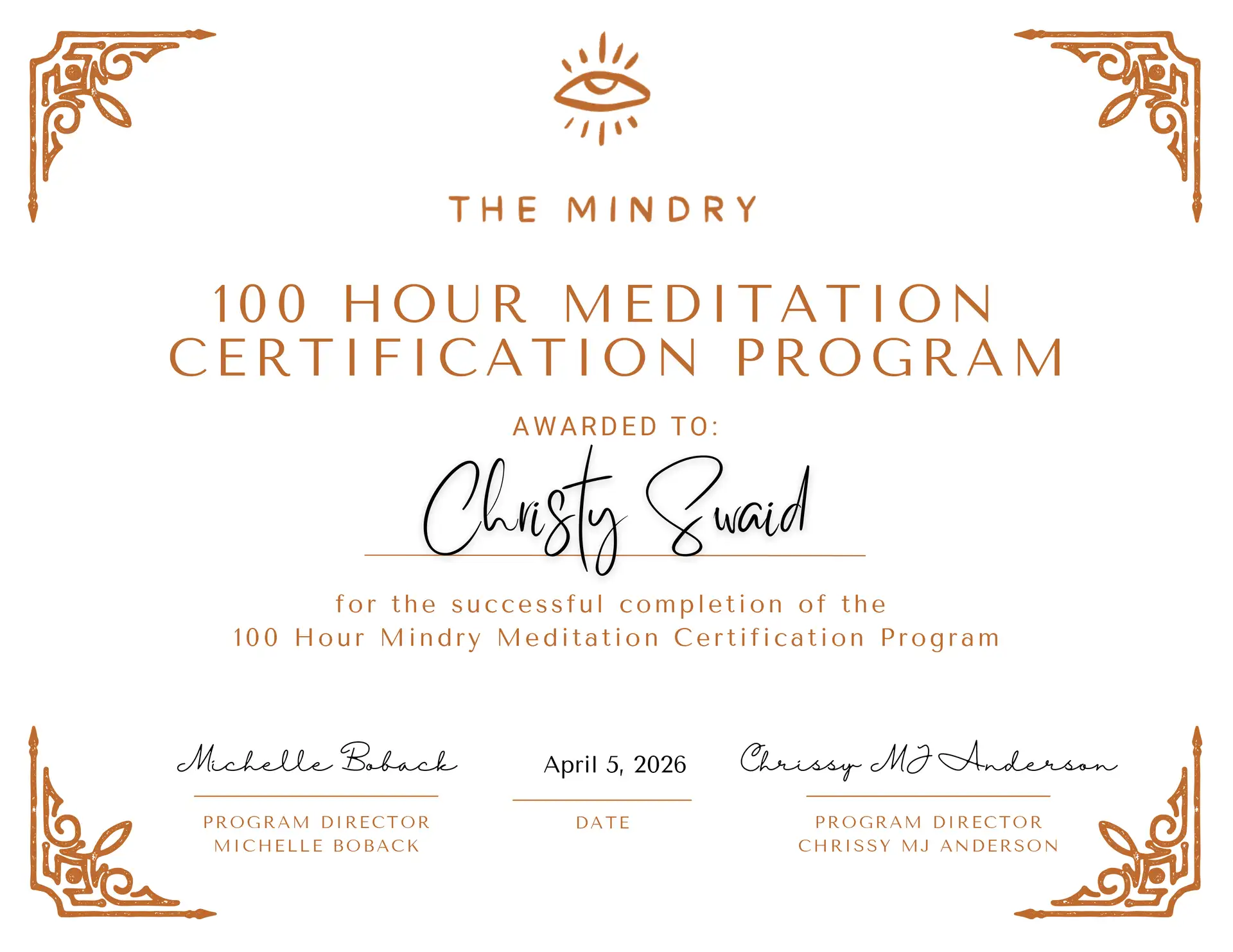 A certificate of completion for a 100 hour meditation program