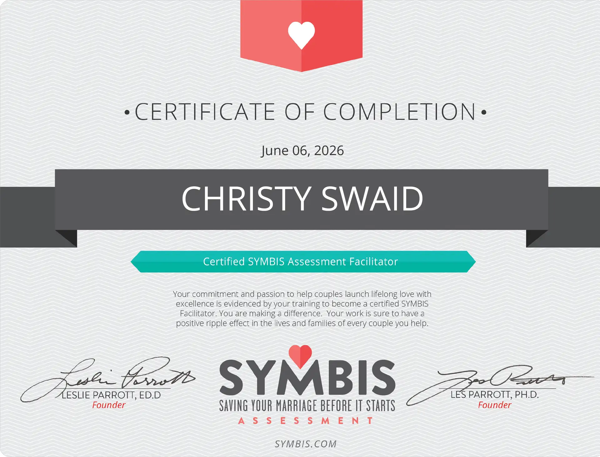 A certificate of completion for Christy Swaid, a certified SMBI assessment facilitator