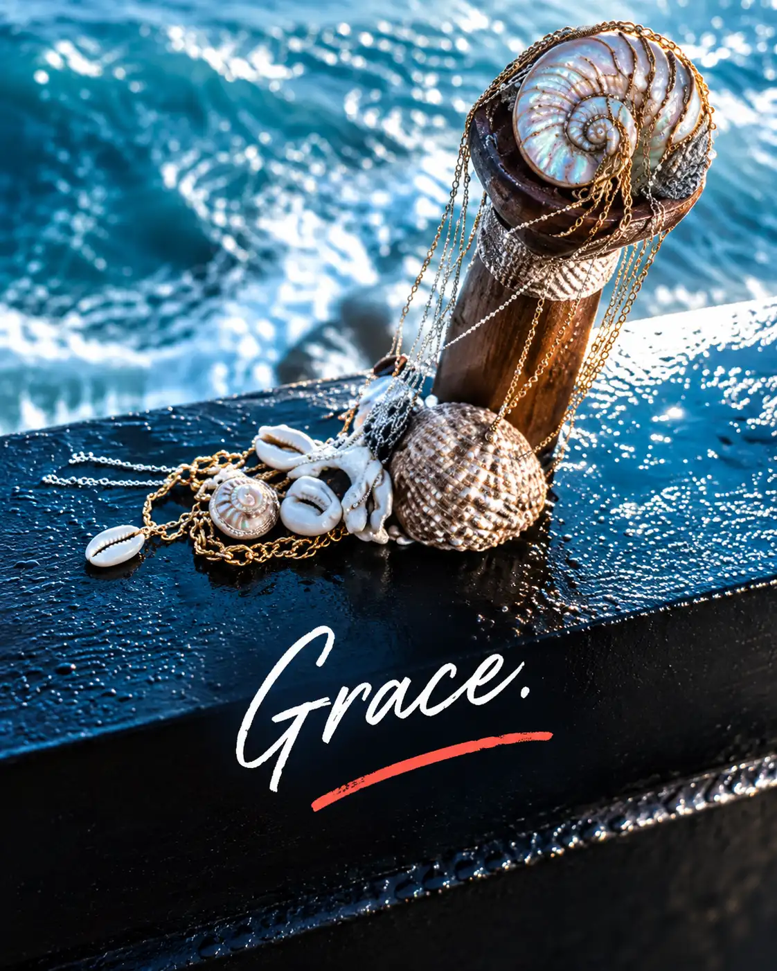 A wooden post with shells and jewelry on it, including a shell necklace and a shell bracelet.